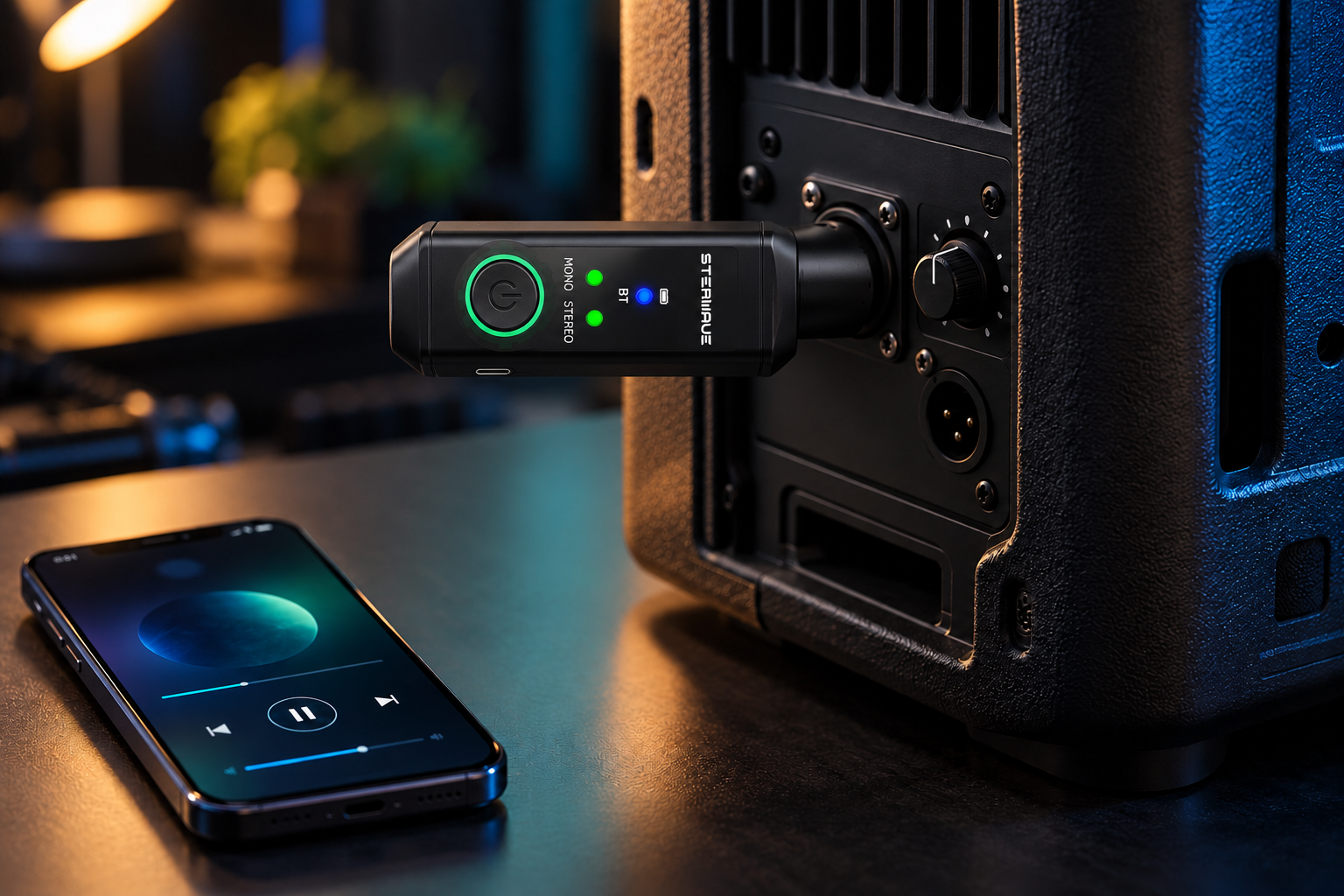 Receiver inserted horizontally into a powered speaker, beside a smartphone audio source